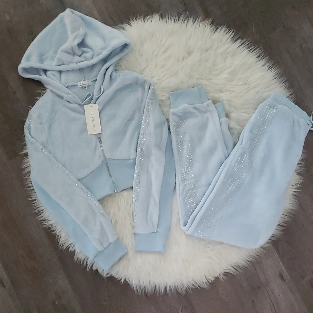 Hot & Delicious Plush Tracksuit Jogger Lounge Set Athleisure Embellished Bling